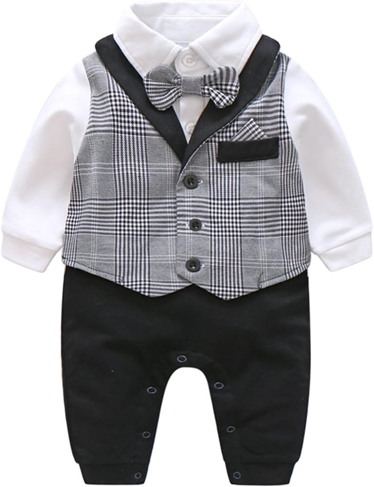 Newborn Baby Boys Gentleman Romper with Tuxedo Bow Tie Toddler Infant Long Sleeves Plaid Jumpsuit Outfit