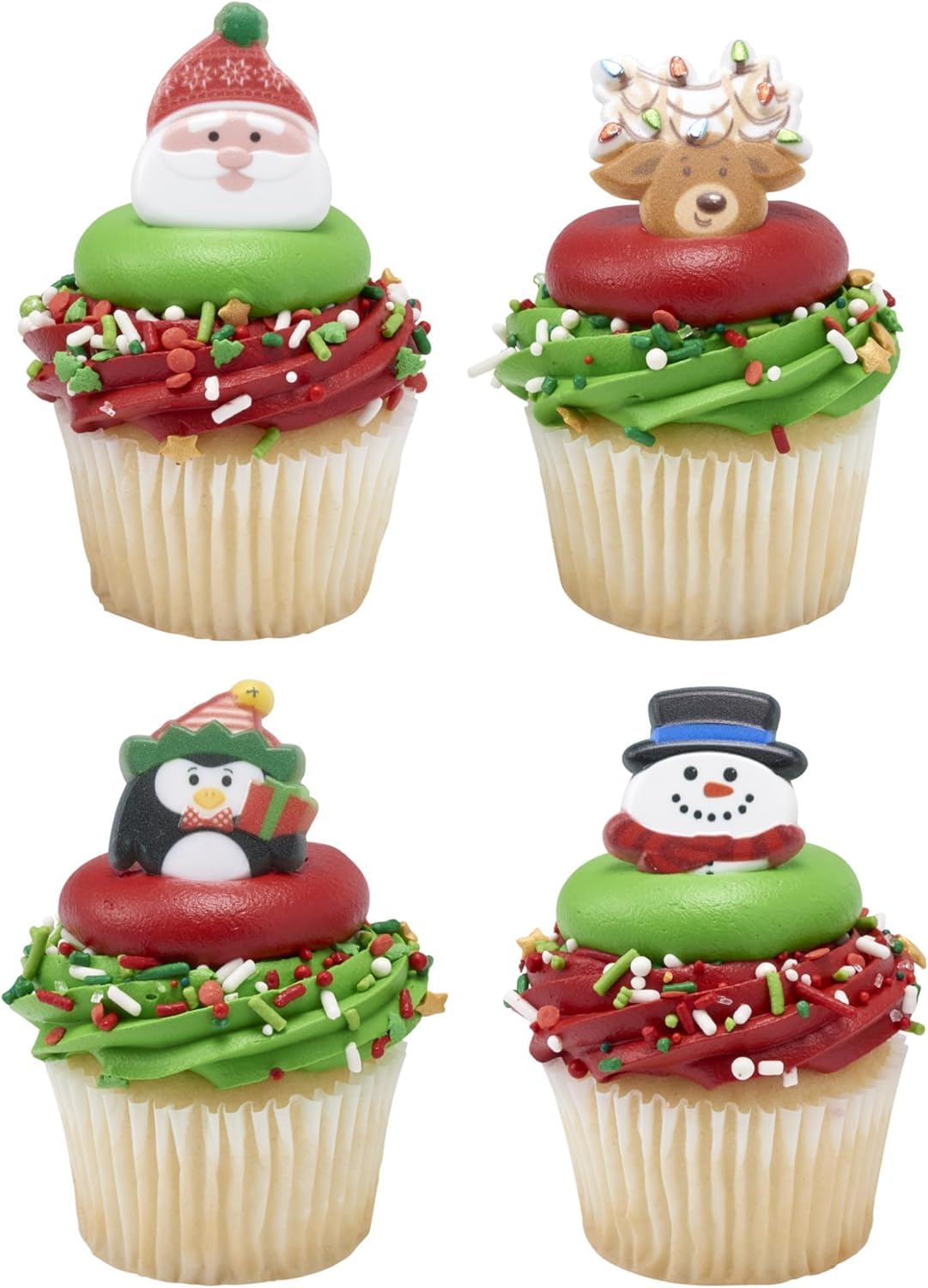 Culpitt Holiday Icons Rings, Christmas Cupcake Decorations, Snowman, Santa, Rudolph Penguin, Multi-Coloured Cupcake Toppers – 24 Pack