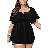 SCOMCHIC Plus Size Peplum Tops for Women Square Neck Blouses Ruffle Short Sleeve Ruched Front Summer Casual Babydoll Top
