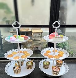 Set of 4 Dessert Stand Set, 3 Tiers White Plastic