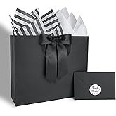 ZHIAXTON Black Gift Bags with Handles,11.8x3.9x9.8 Inch Gift Bags Medium Size with Tissue Paper,Cards and Bow,Black Gift Bag for Father's Day,Wedding Party, Anniversary,Men's Birthday