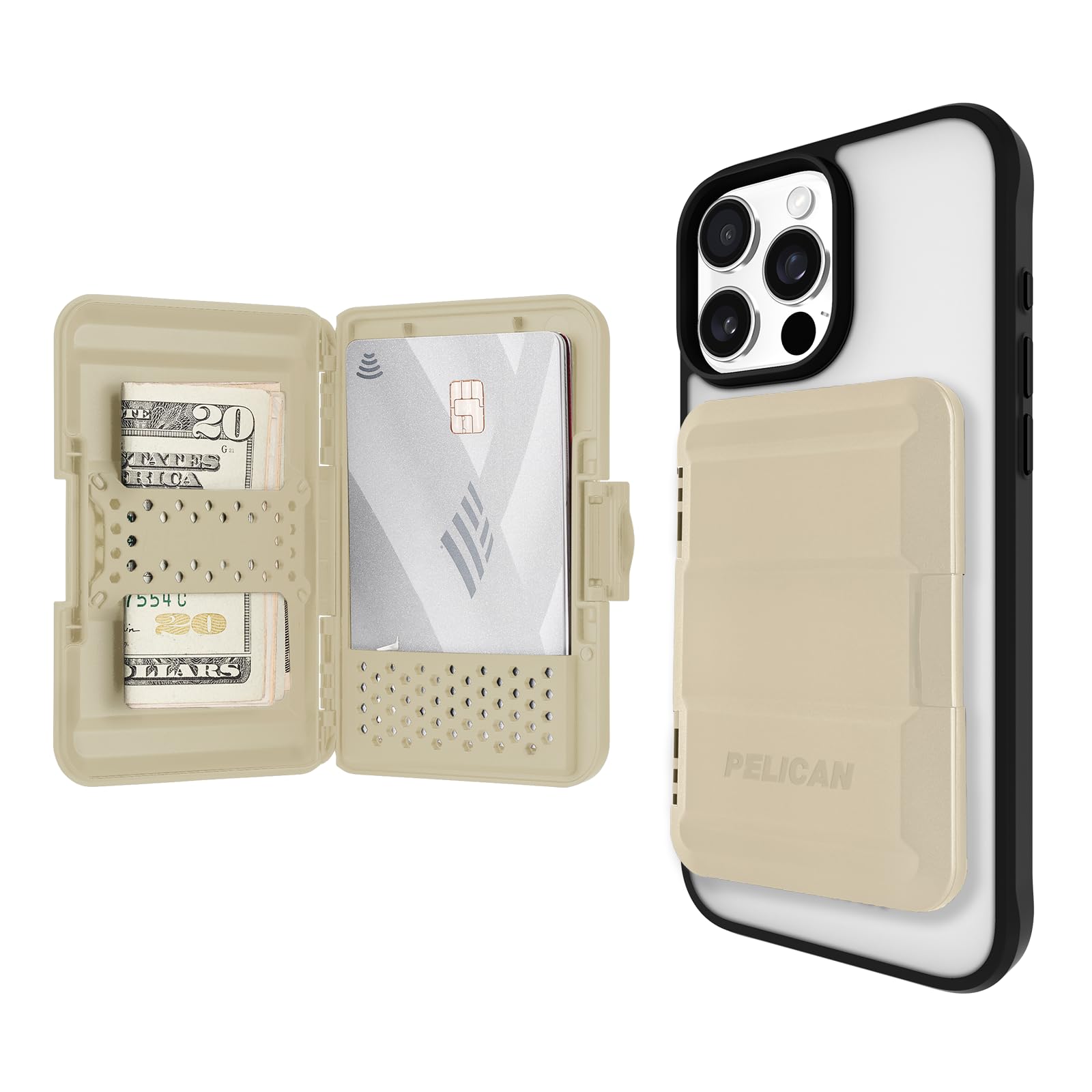 Pelican Magnetic Wallet & Card Holder - Heavy Duty Snap-on MagSafe Wallet - Detachable Hard Shell iPhone Wallet - for iPhone 14 Pro Max/ 14 Pro/ 14/13 Pro Max/ 13 Pro/ 12 Pro Max - Desert Tan