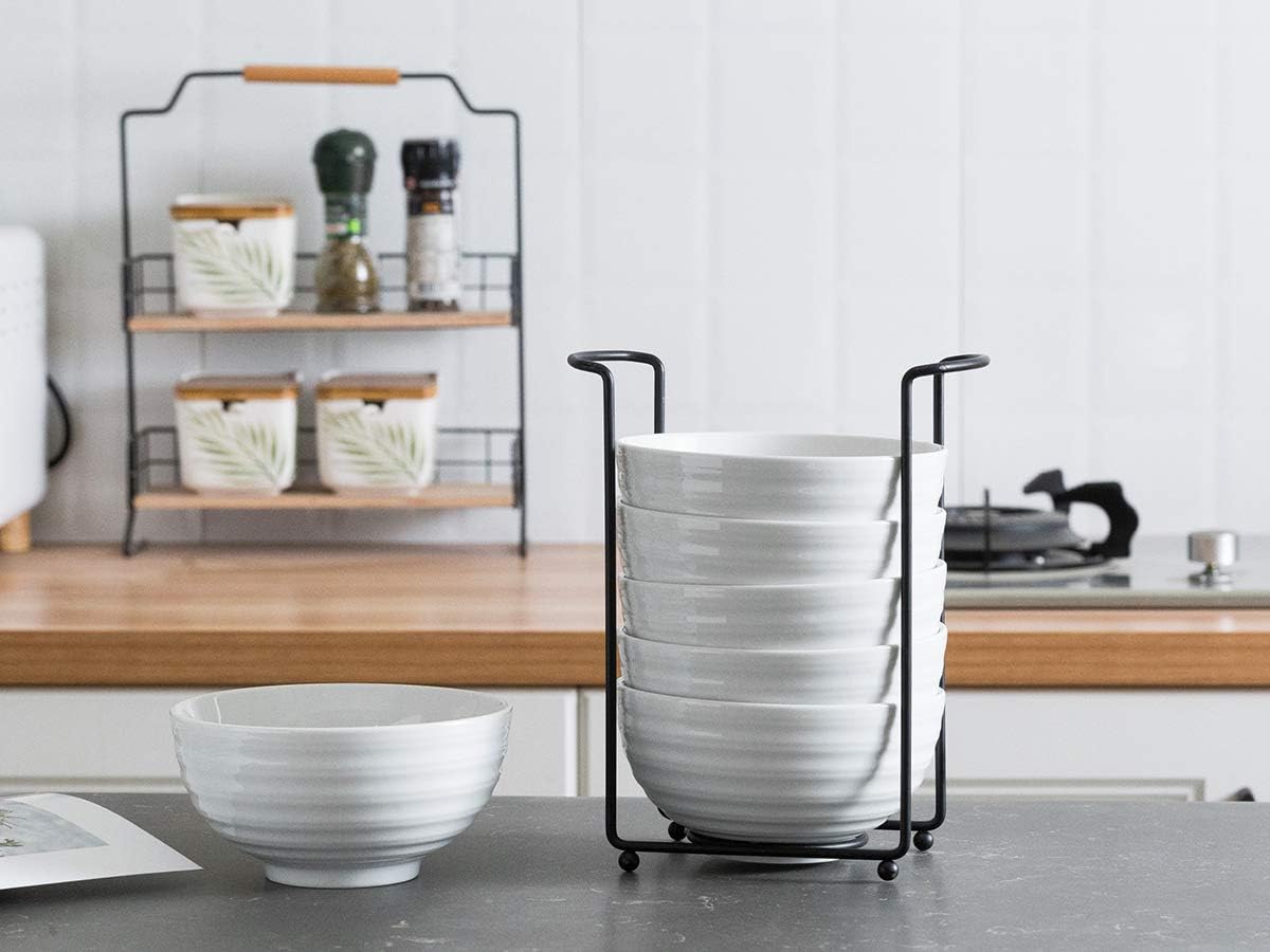 28 Ounces Porcelain Soup Bowl Set with Serving Stand Large Bowl for Cereal Soup Salad with Bowl Organizer, 6 pack: Kitchen & Dining