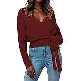 Womens Fall Sweaters 2026 Womens Casual V Neck Wrap Sweater Pullovers Lightweight Ribbed Drop Shoulder Knitted Warm Cozy Tops