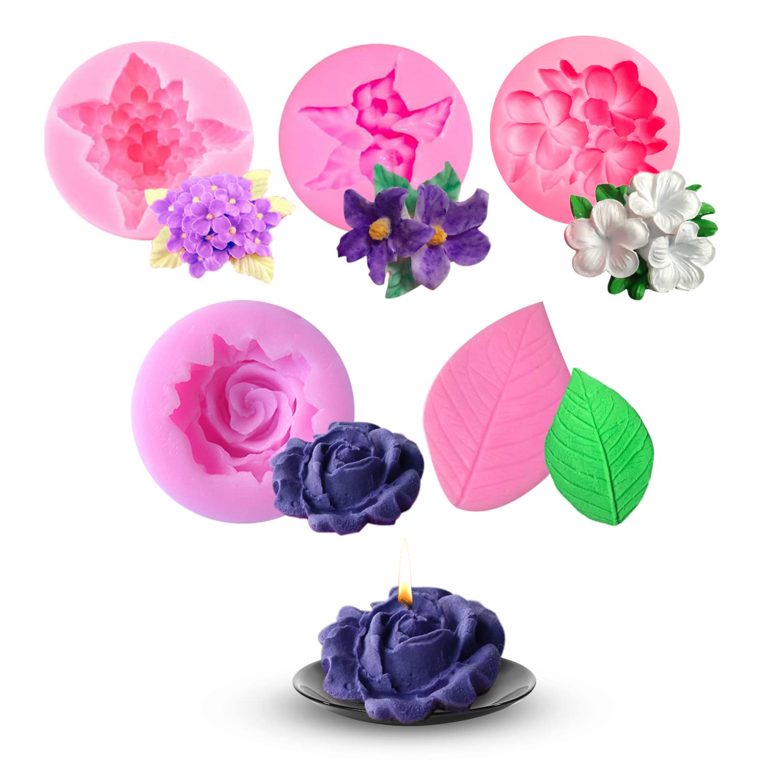 4pcs Silicone Candle Molds - 1pc Leaf, 3D Flower & Plumeria Cake Molds - Suitable for DIY Candle Crafts, Chocolate & Cake Decoration