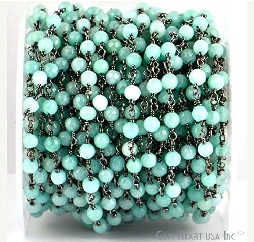 Wholesale 3 Feet Beautiful Aqua Jade, 4mm Black Plated wire wrapped Rosary Chain by foot. (BPQJ-30017)