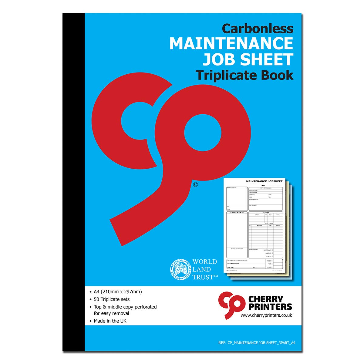 Cherry Carbonless NCR Maintenance Job Sheet Triplicate Book A4 50 Sets
