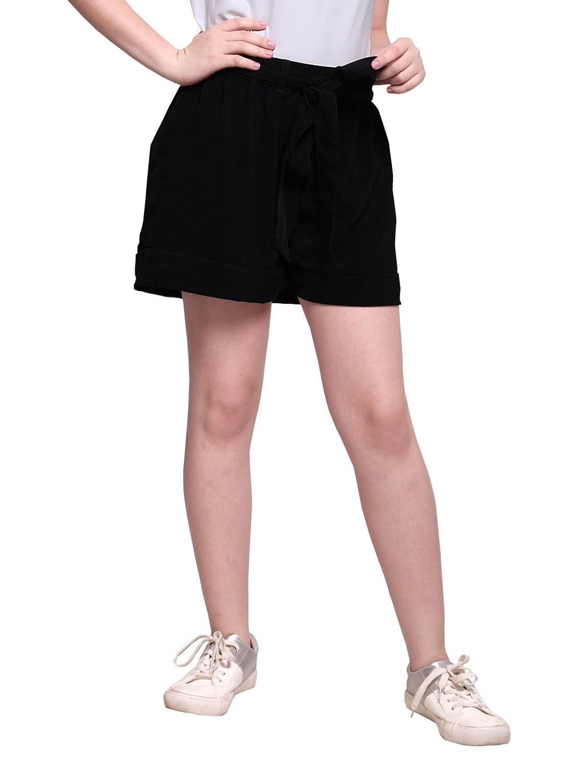 smarty pants women black solid shorts with waist belt (smso-30a)
