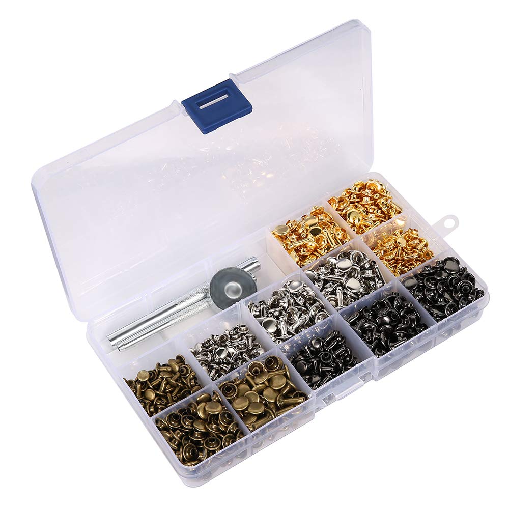 480 Sets 3 Sizes Leather Rivets Double Cap Rivet Tubular Metal Studs with 3 Fixing Tool for DIY Leather Craft Rivets Replacement,4 Colors:Gold,Silver,Black,Bronze