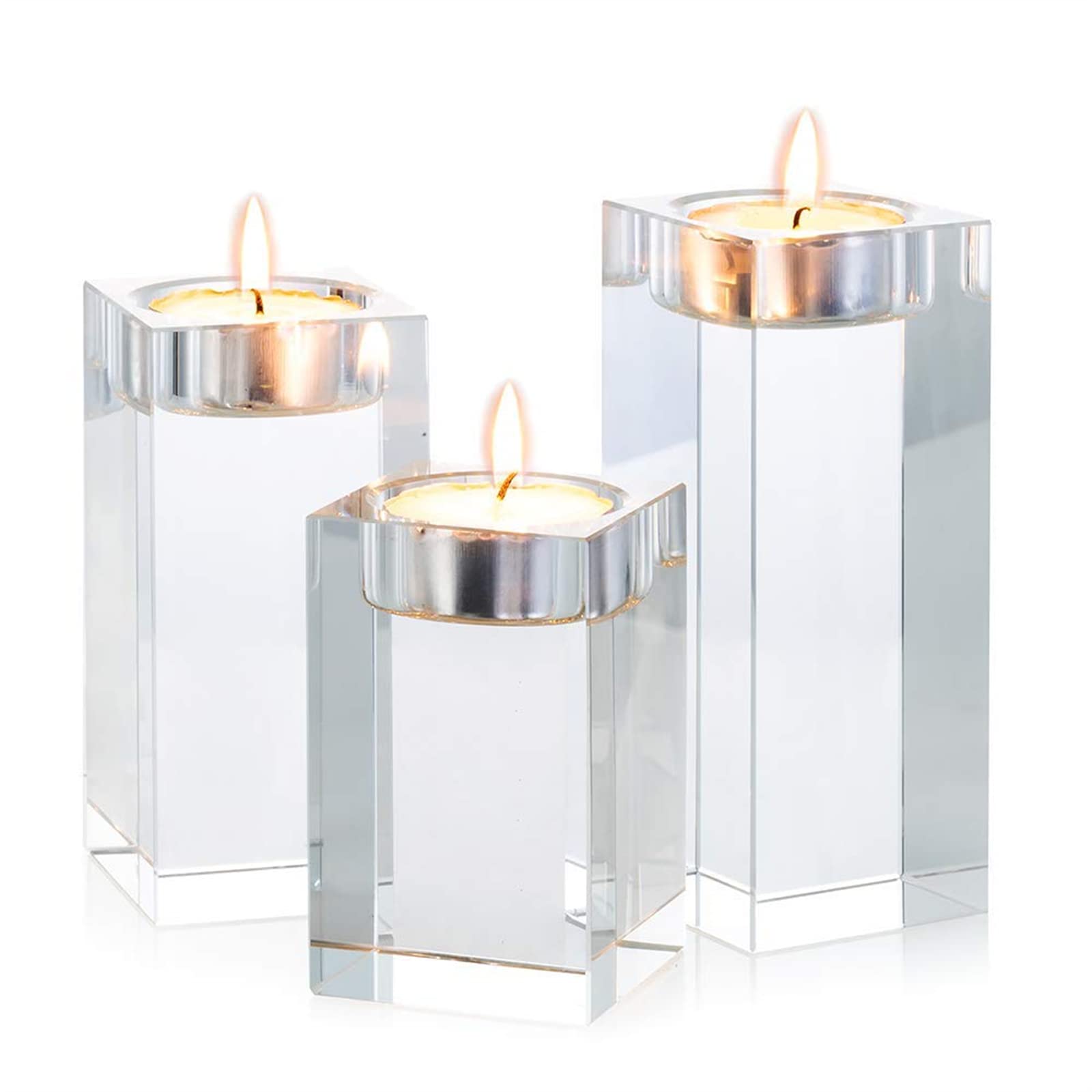 Sziqiqi Candle Holder Set, 3-Piece Crystal Glass, K9 Crystal, Transparent, Polished, Tabletop, 12x5x5 cm (S), 10x5x5 cm (M), 8x5x5 cm (L), 3 Units