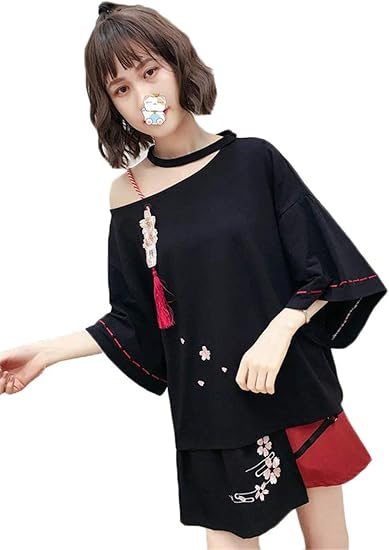 Amazon ンーセンー 五分丈 Tシャツ 和風 可愛い 森ガール 学生 ゆったり カジュアル トップス レディース コーディネート 夏服 肩出し切り替え 刺繍 プリントシャツ Tシャツ カットソー 通販
