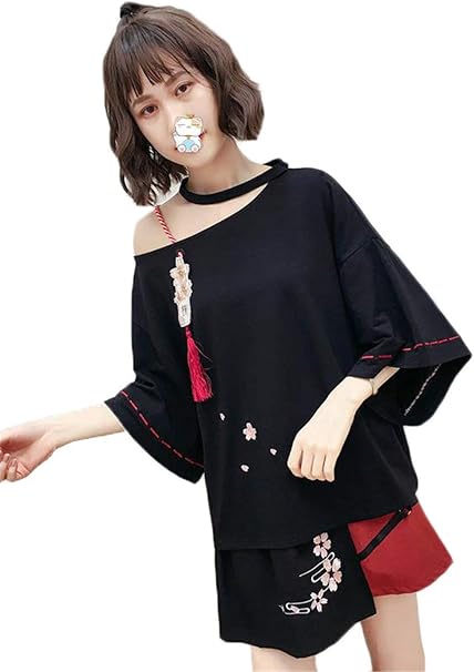 Amazon ンーセンー 五分丈 Tシャツ 和風 可愛い 森ガール 学生 ゆったり カジュアル トップス レディース コーディネート 夏服 肩出し切り替え 刺繍 プリントシャツ Tシャツ カットソー 通販