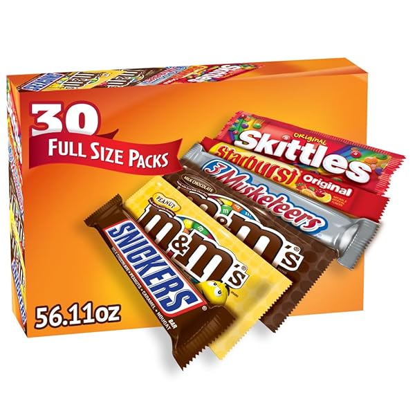 MARS M&M’S, SNICKERS, 3 MUSKETEERS, SKITTLES & STARBURST VARIETY PACK FULL SIZE BULK CANDY ASSORTMENT, 56.11 OZ, 30 COUNT