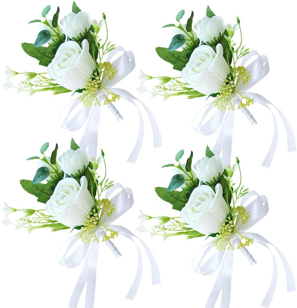 HiiARug White Boutonniere for Men Wedding Groom Flower Boutonniere with Pins Set of 4 for Wedding Party Prom Man Suit Decoration (Boutonniere White 4pcs)