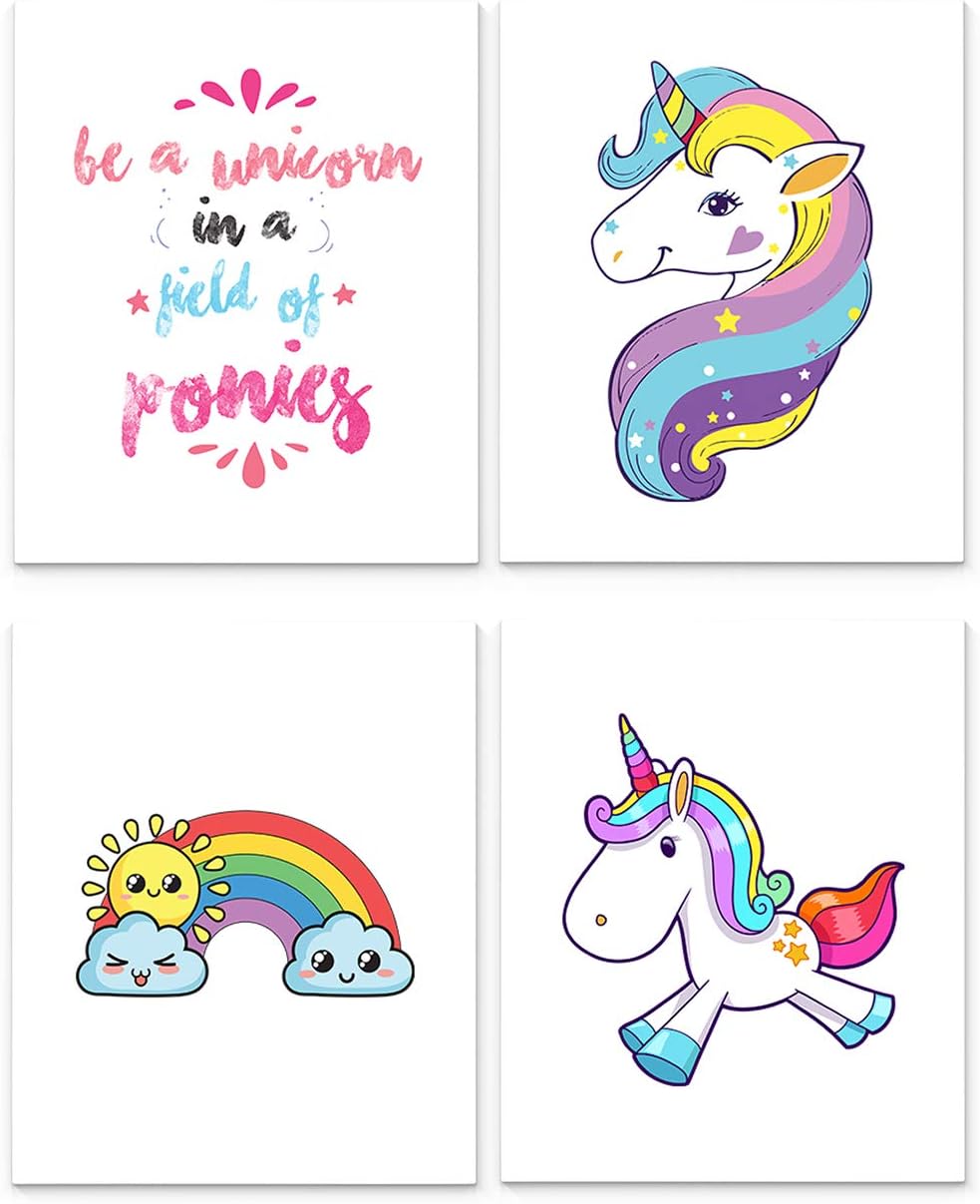 Unicorn Decorations for Girls Bedroom, Set of Four 8 x10 inch Unframed Art Prints - Great for Girls Room or Nursery Wall Decor