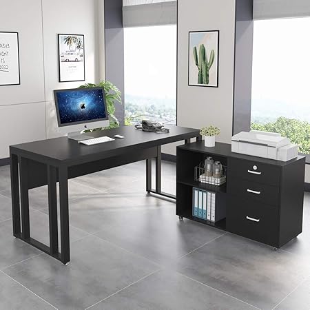 Tribesigns L Shaped Computer Desk 55 Inch Large Executive Office Desk Business Furniture With 35 Inch File Cabinet Mobile Printer Stand Legal Size For Home Office Black Amazon Co Uk Diy Tools
