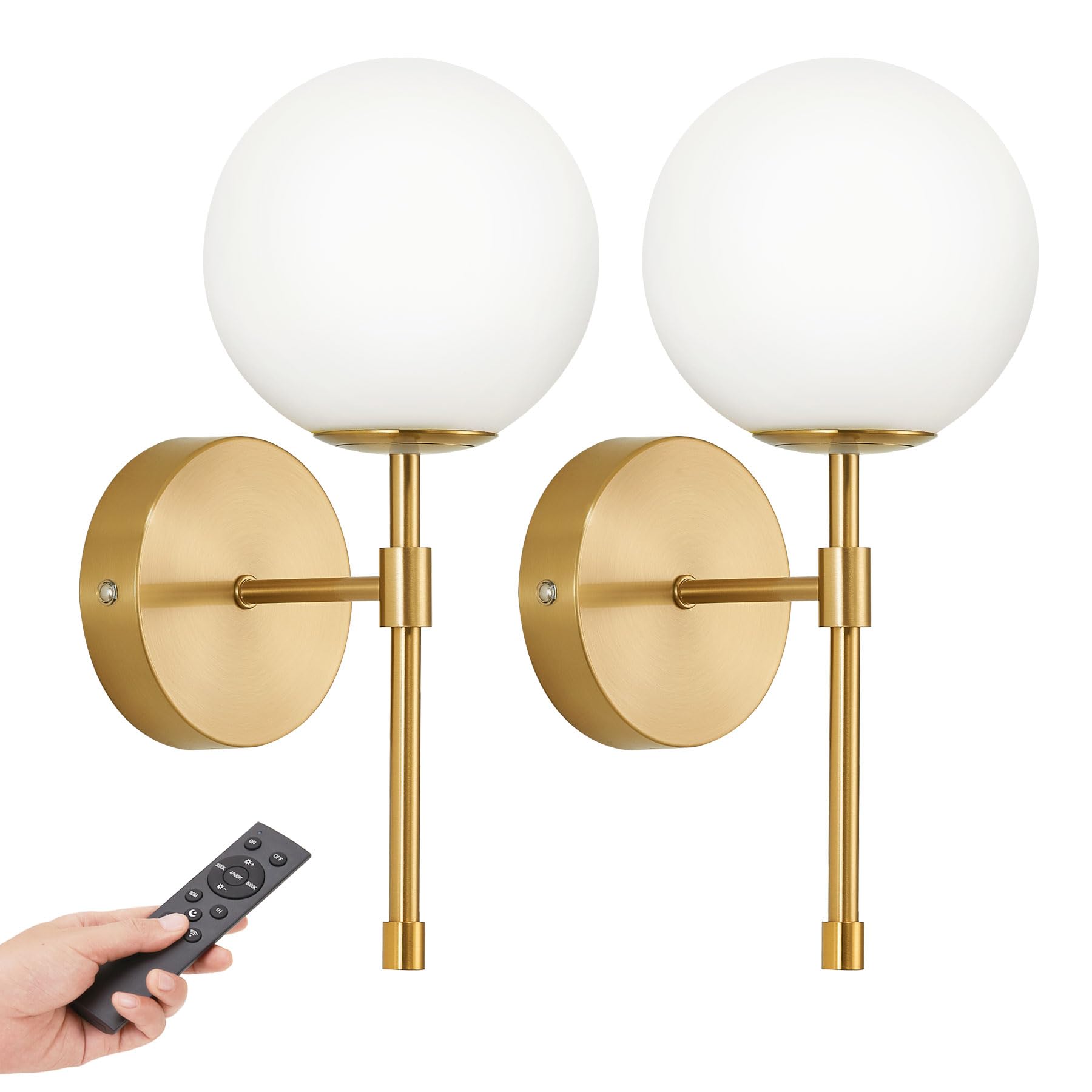 Photo 1 of Battery Operated Globe Wall Sconces Set of 2, Brushed Gold Wireless Wall Lights with Remote Control, Rechargeable 3 Color Stepless Dimming Modern Wall Decor Lamp for Bedroom Living Room Hallway