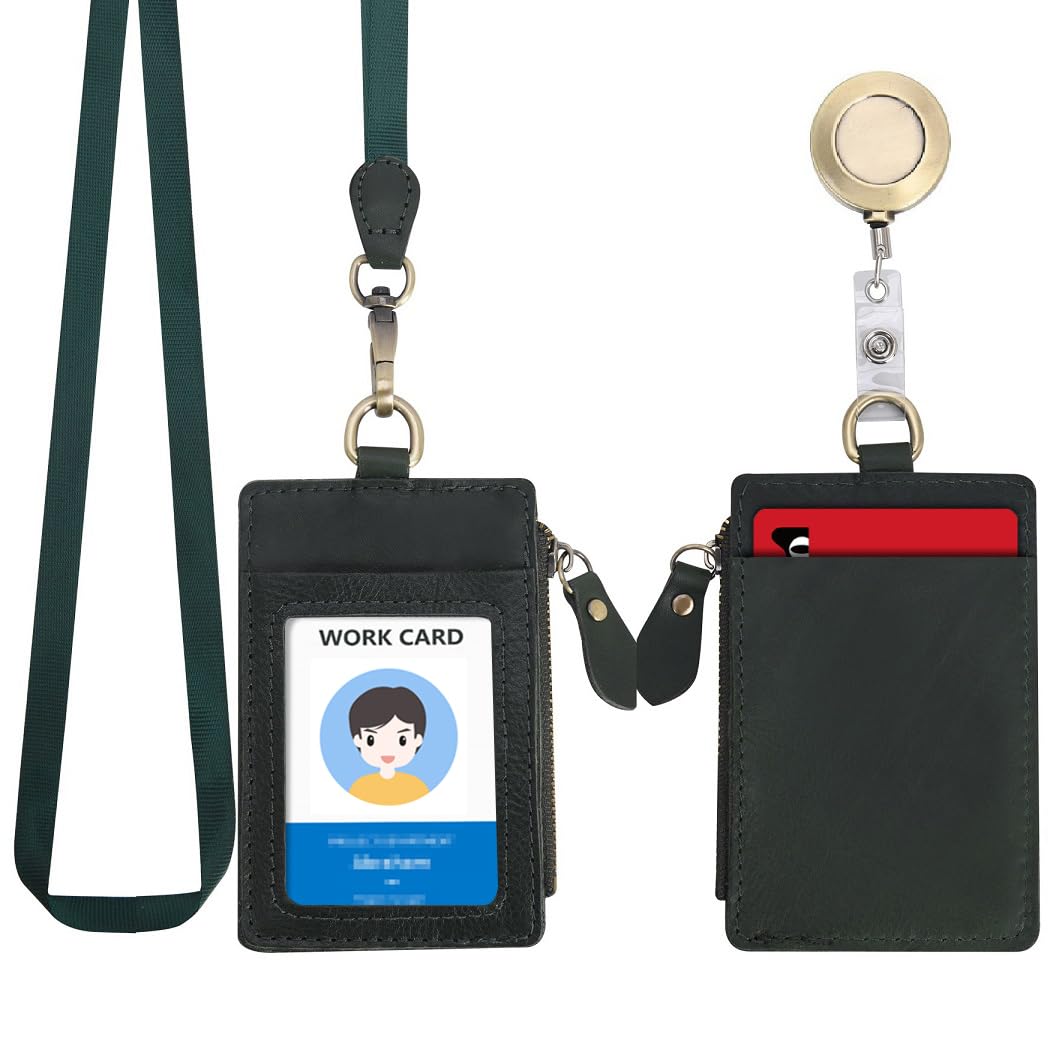 Wonderpool Leather ID Badge Holder with Zipper Wallet Pouch - Card Slots Case Detachable Neck Lanyard and Retractable Badge Reel for Office School Hospital Exhibition ID (Green)