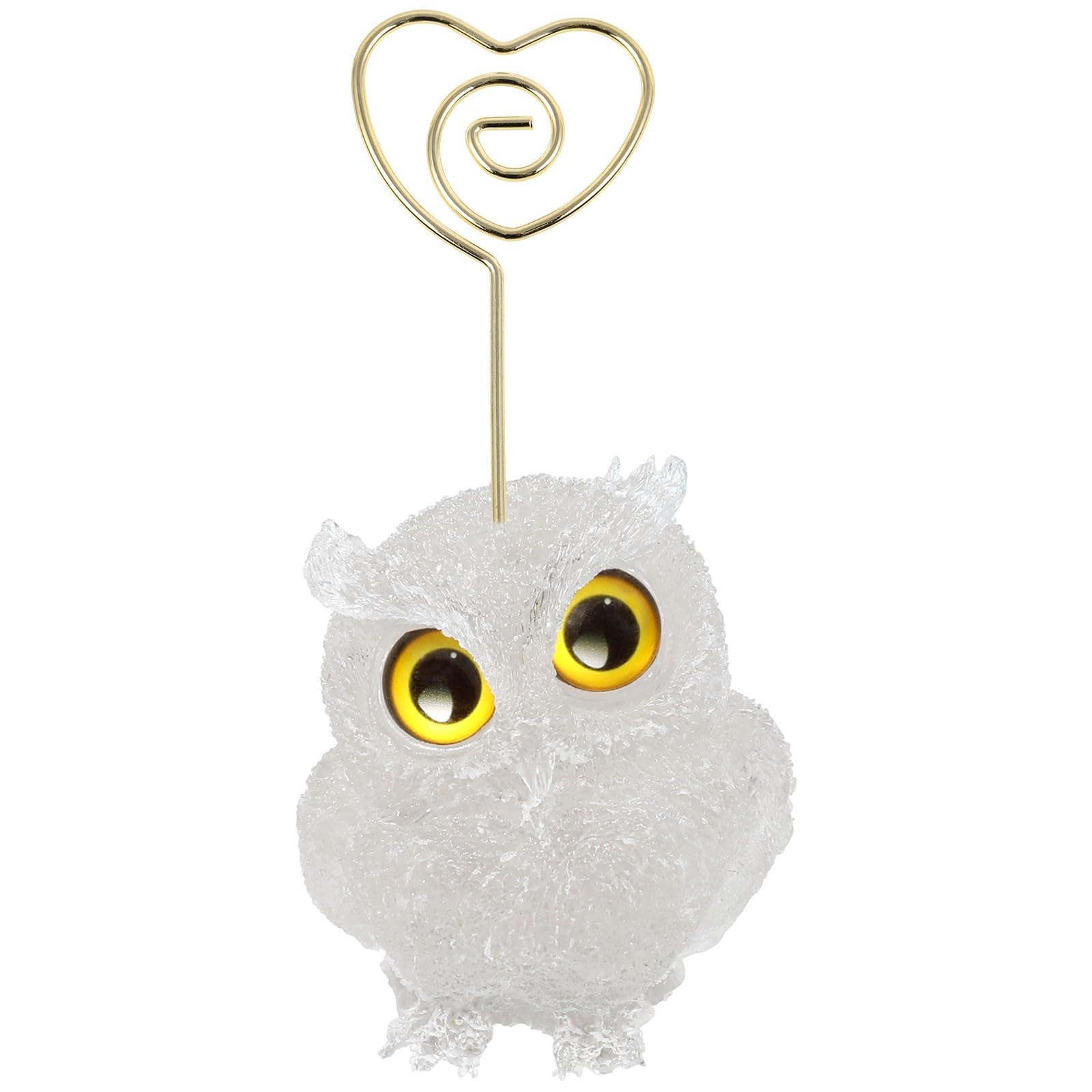 mookaitedecor Clear Quartz Crystal Owl Ornament Animal Memo Note Photo Holder Clip Heart Shape Resin Stone White Owl Gift for Women Men, Office Table Place Card Stand Wedding Party Name Card Holder