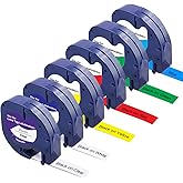 6Pack Compatible with Dymo Letratag Refills Replacement for Dymo Label Maker Refills Multi Color 12mm x 4m (1/2" x 13') Plastic Label Tape Work for Letra Tag LT-100H LT-100T Handheld Label Maker