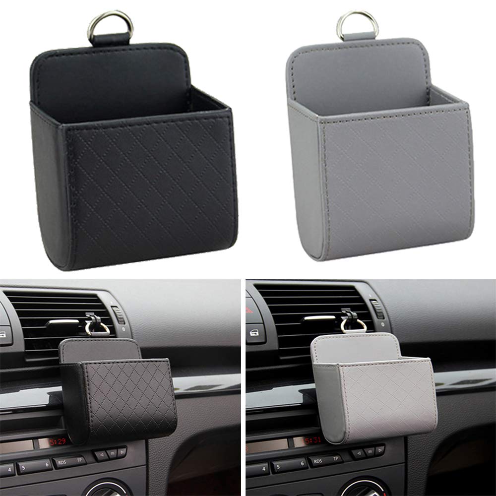 2 Pieces Car PU Leather Storage, Universal Car PU Organizer, Car Multifunction Organizer Bag, Car Multifunction Interior Storage, for Keys, Coins, Bill Deposit, Black and Gray
