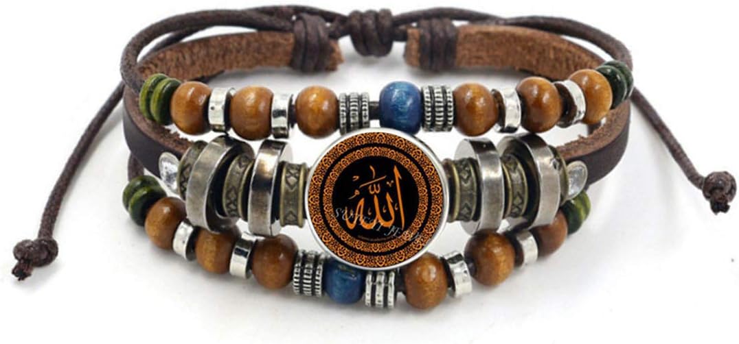 MAY HAPPY Vintage Islam Allah Beads Leather Bracelet Glass Cabochon Charm Snap Button Bracelets for Men Women Muslim Jewelry Accessories