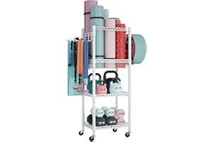 FUTASSI Home Gym Storage, 3 Tiers Workout Equipment Organizer with Wheels for Yoga Mats, Foam Roller, Dumbbells, Kettlebells,