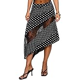 Women Lace Maxi Skirt Low Waist Asymmetrical Hem Patchwork Flowy Midi Skirt