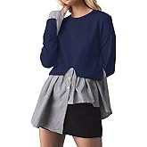 MISSACTIVER Women Slit Crew Neck Patchwork Sweater Asymmetrical Hem Shirt Top 2 in 1 Buttons Down Pullover Knit Sweater