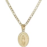 14K Gold Silver Tone Virgin Mary Our Lady of Guadalupe Pendant Necklace for Women Men Oval Virgin Mary Pendant with Figaro Chain Necklace