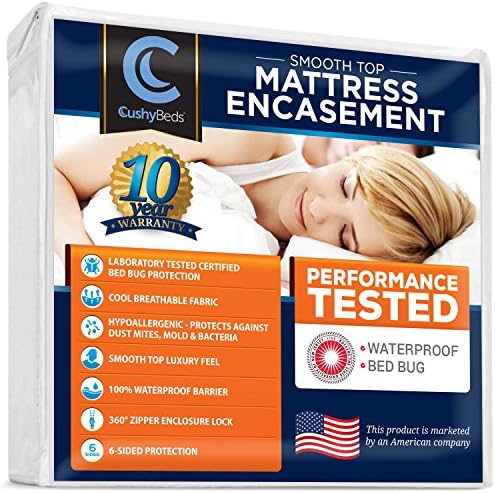CushyBeds Smooth Top Mattress Encasement Protector Cover Patented 360 Zipper Enclosure w/Bed Bug Banisher, Breathable 100% Waterproof Noiseless 6-Sided Protection - Hotel King (11"- 15" Depth)