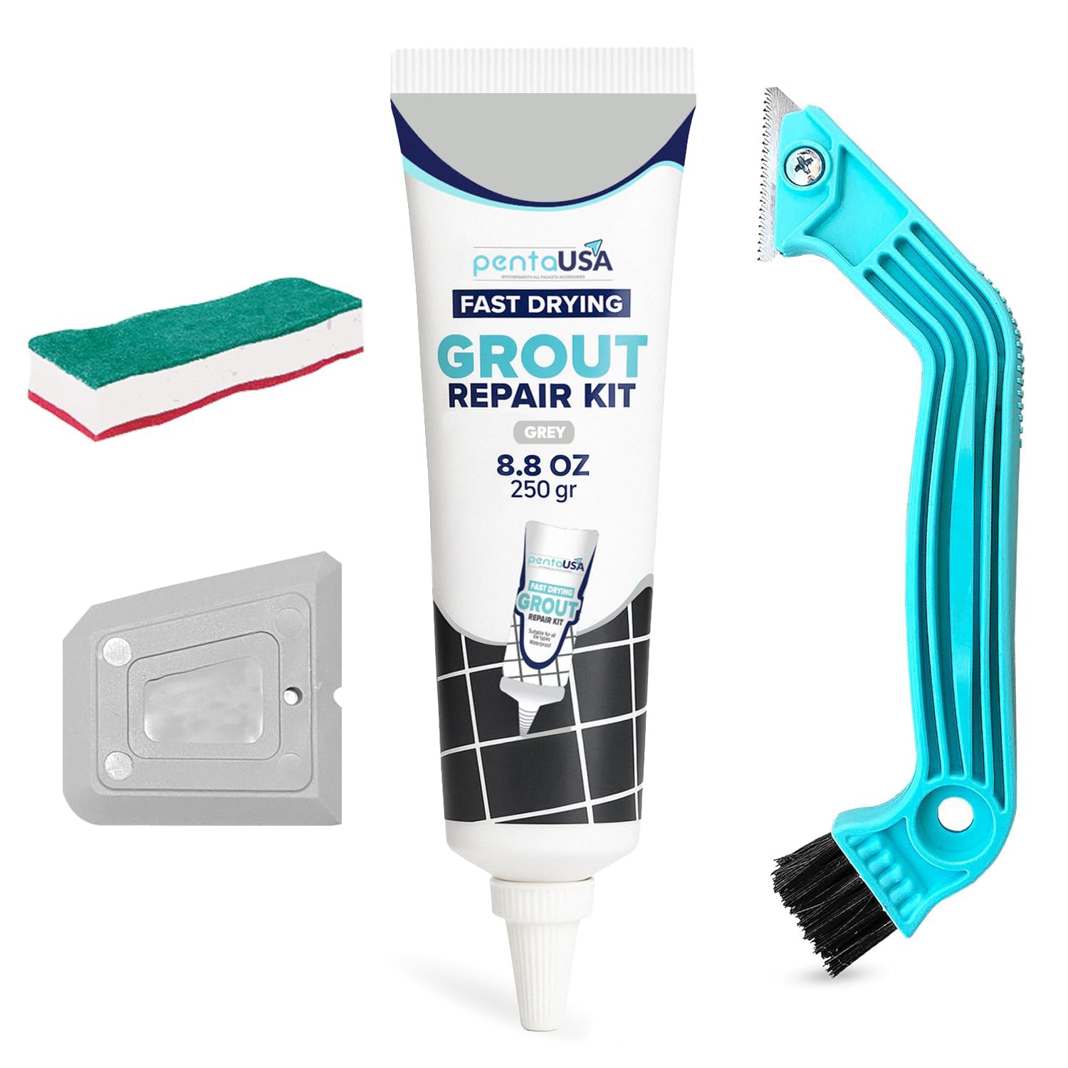 Grout - Ready Mixed Tile Grout - Sponge, Remover Saw and Scraper Set - Perfect for Bathroom, Kitchen, Floor Tiles (250g / Bundle Set) (Grey)