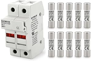 Baomain RT18-32 Fuse Holder Base with 10x3A Ceramic Fuses (10x38mm) – 2 Pole DIN Rail Mount, LED Indicator, CE Certified (3 Amp)