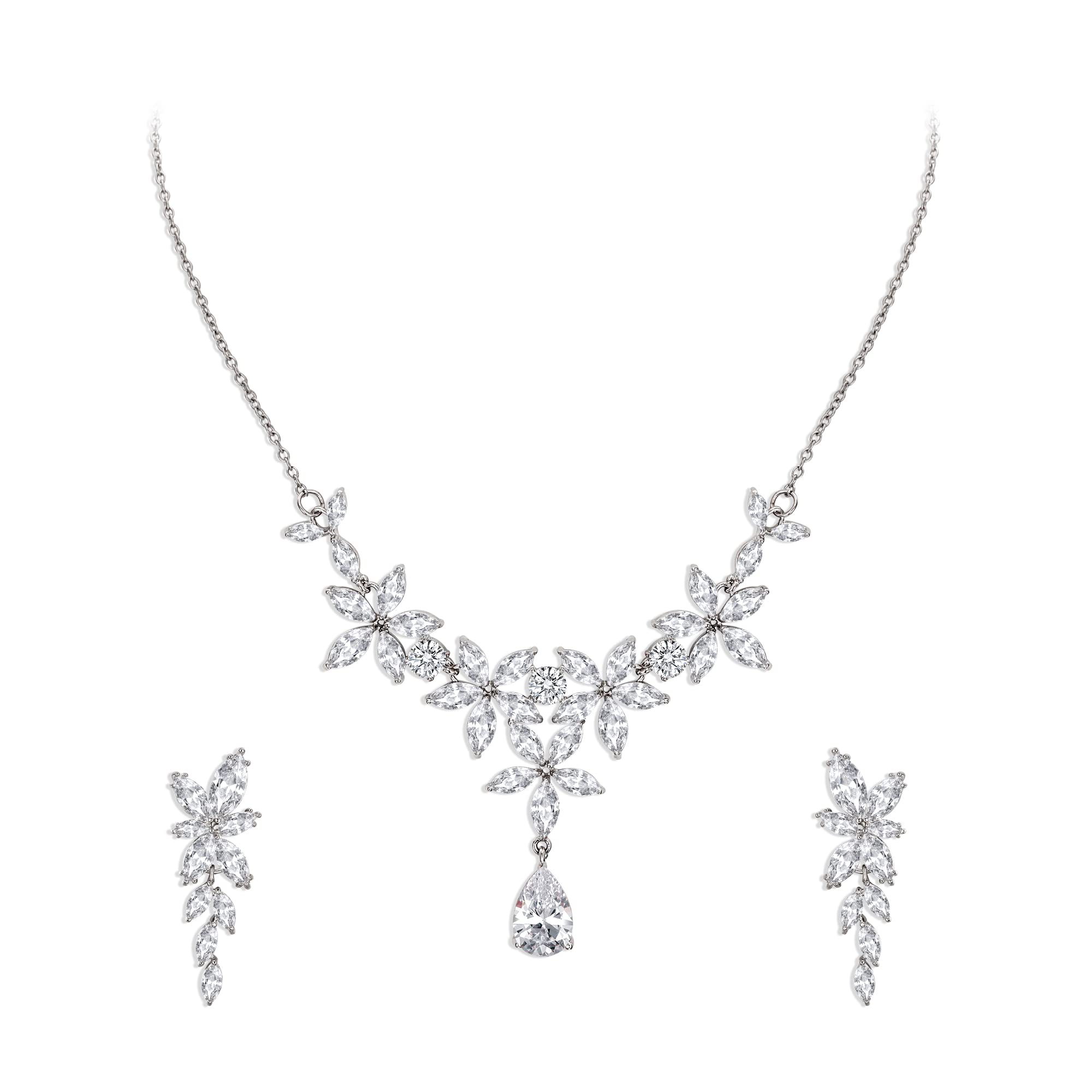 Ever Faith Cubic Zirconia Bridal Jewelry Set for Wedding, Marquise Teardrop CZ Flower Necklace Earrings Set for Women Clear Silver-Tone