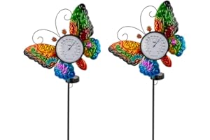 SUNNYGARDEN 2 Pack Butterfly Outdoor Thermometers for Patio, Outdoor Thermometer Waterproof Decorative, Temperature Thermometer with LED Lights for Garden Outside, Lawn, Backyard Decor