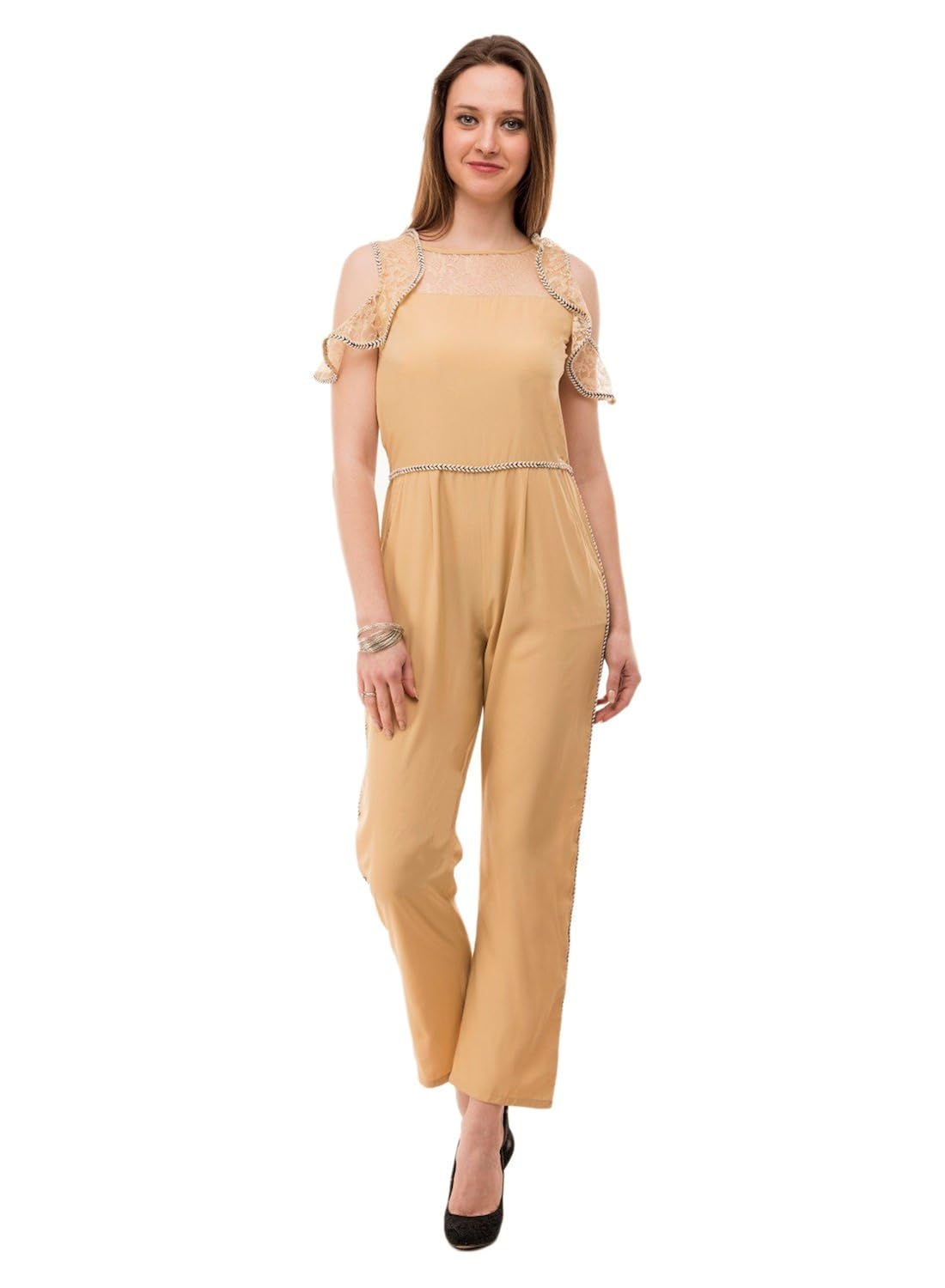 karmic vision women's crepe beige casual jumpsuit