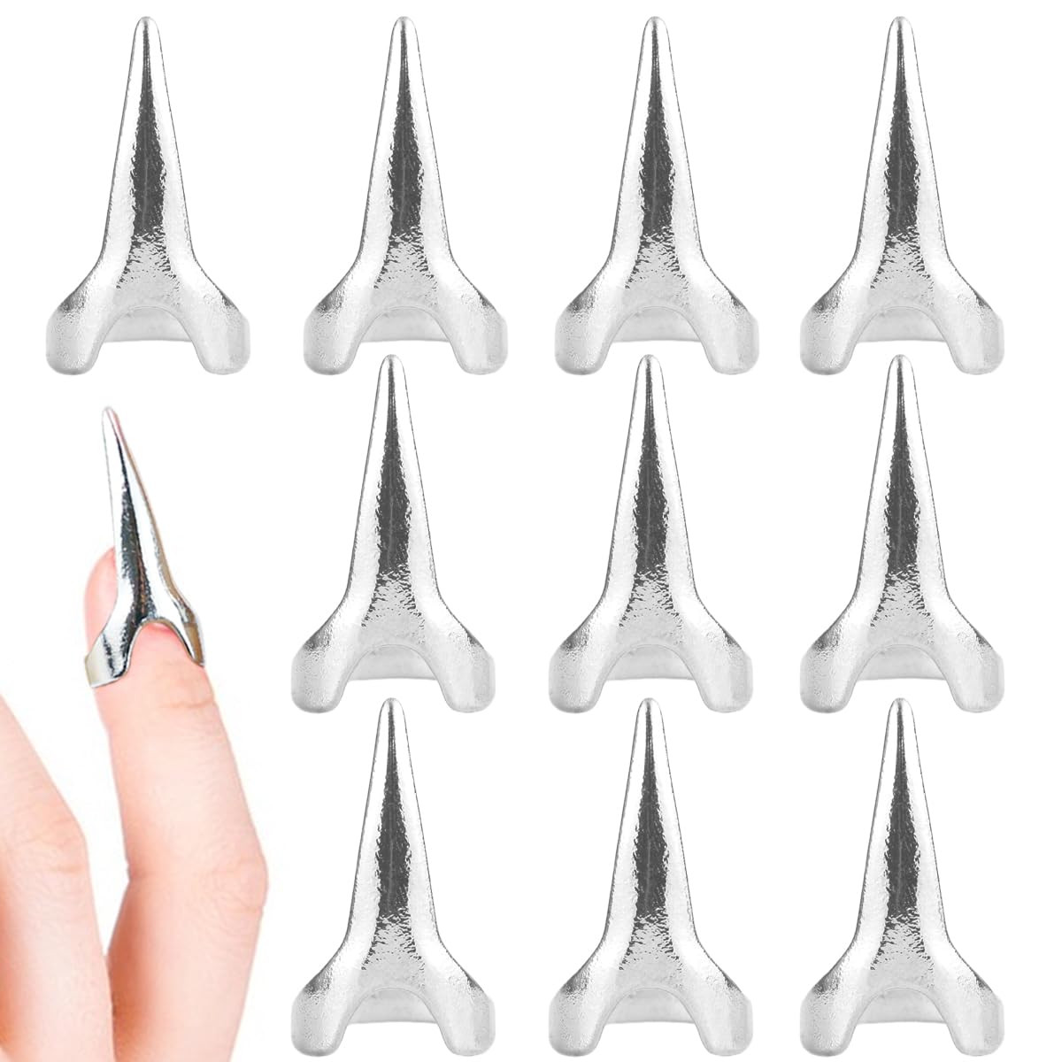ZJIVQO 10 PCS Halloween Costume Claws Fake Nails Rings Set Alloy Retro Punk Rock Gothic Creative Fingertips Nail Decoration for Women Men Party Bar Holiday Cosplay, Silver