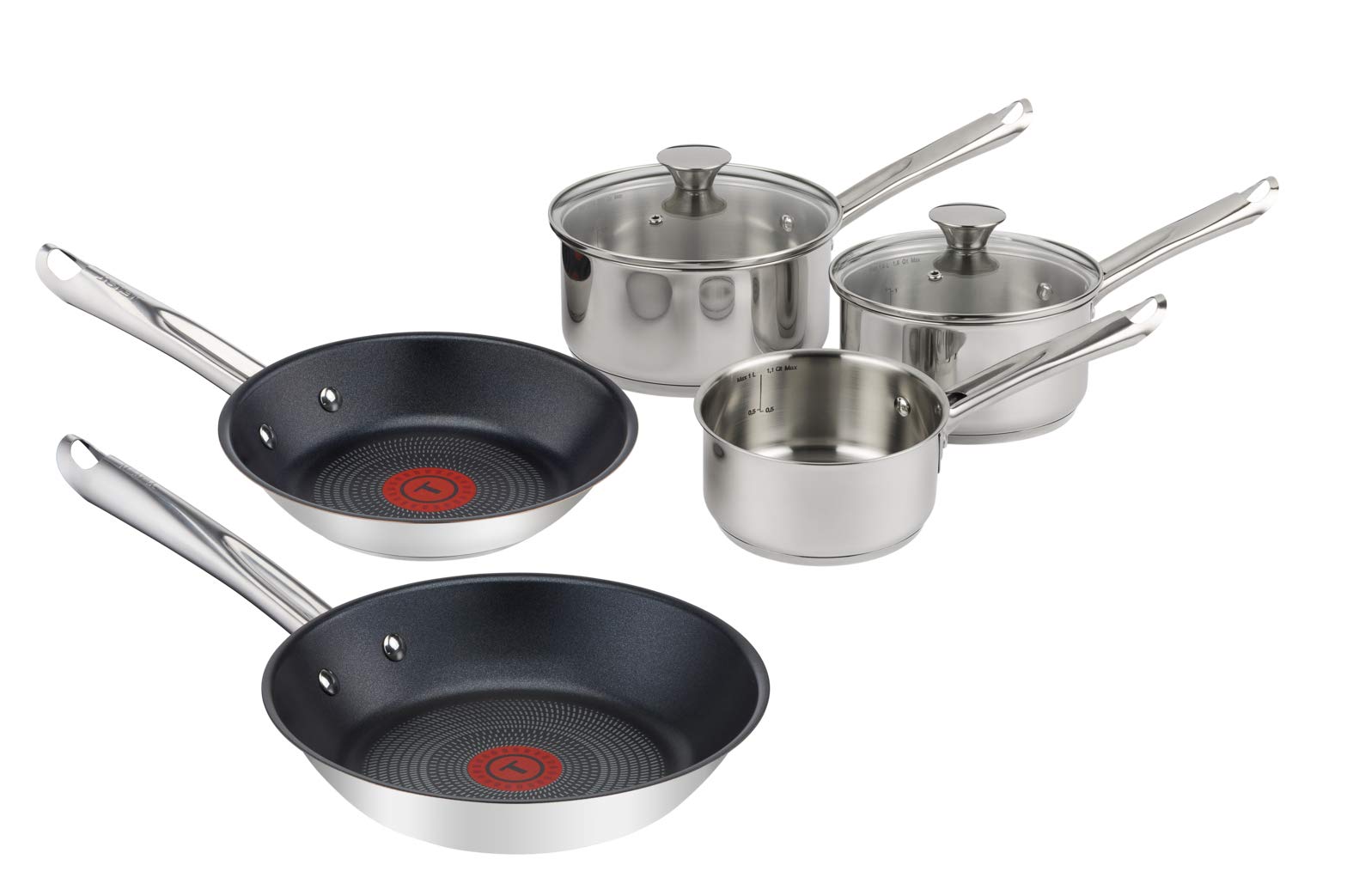 Tefal Elementary 5-Piece Set Including 14 cm Milk Pan 16/18 cm Saucepans with Lids and 20/24 cm Frying Pans, Stainless Steel, Silver, 50.6 x 28.1 x 19.8 cm