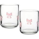 Skylety 2 Pack Bow Icon Juice Glasses, 14 oz Stemless Glass Cups, Coquette Pink Bow Juice Cocktail Wine Coffee Drinking Cups for Gift Engagement Wedding Anniversary Valentines Present Party Supplies