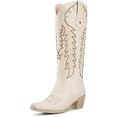 wetkiss Cowboy Boots for Women Knee High Cowgirl Boots Retro Embroidered Chunky Heels Pointed Toe Western Long Tall Boot Pull On
