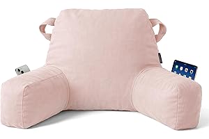 Unisakey Portable Comfy Reading Pillows for Bed Sitting Up(Pink Oeko-Tex), Velvet Back Pillow with Arms & Pockets for Adults, Support Memory Foam Bed Pillow for Dorm/Reading/Watching/Gaming