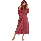 Hutkofe Women's Hooded Plush Robe Winter Warm Flannel Fleece Bathrobe with Pockets Long Soft Zipper Front Robe