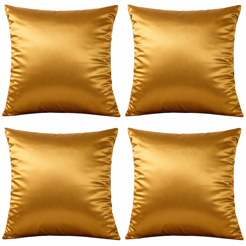 Set of 4 - Cushion Covers Shop - Faux Silk Plain Satin Home Decor 18x18" / 45x45cm (Gold)