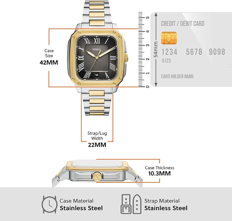 Crosby Watch for Men, Movimento de Quartzo de Três Mãos com Bracelete de Târ e Aço Inoxidável, Tons de Prata e Ouro