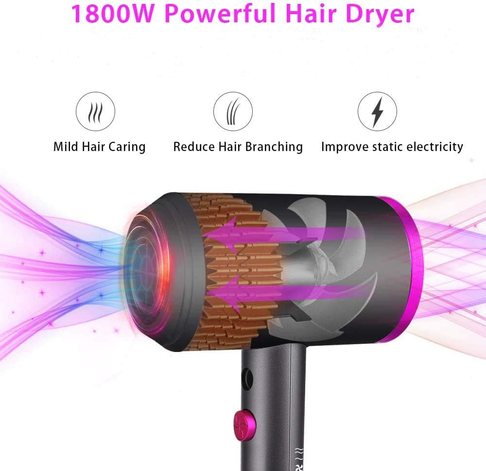 Ionic Hair Dryer, 1800W Professional Blow Dryer (with Powerful AC Motor), Negative Ion Technolog, 3 Heating/2 Speed/Cold Settings, Contain 2 Nozzles and 1 Diffuser, for Home Salon Travel Pregnant Kids: Health & Personal Care