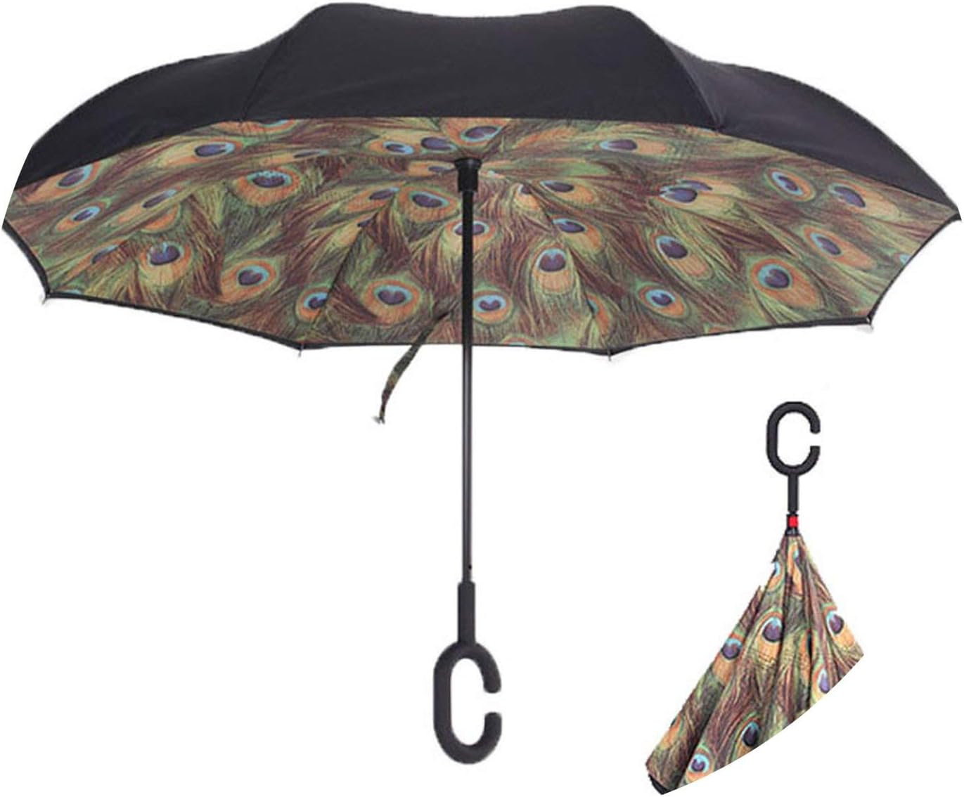 Green Peacock Feathers Double Layer UV Proof and Windproof Inverted