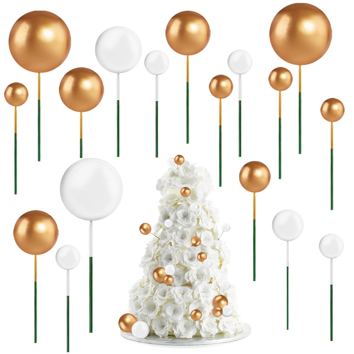 niCWhite 66pcs Balls Cake Topper Foam Ball Cake Picks Mini Balloons Cake Toppers Cupcake Pearl Ball Cake Pick DIY Birthday Cake Insert Topper for Wedding Birthday Cake Decoration(Gold, White)