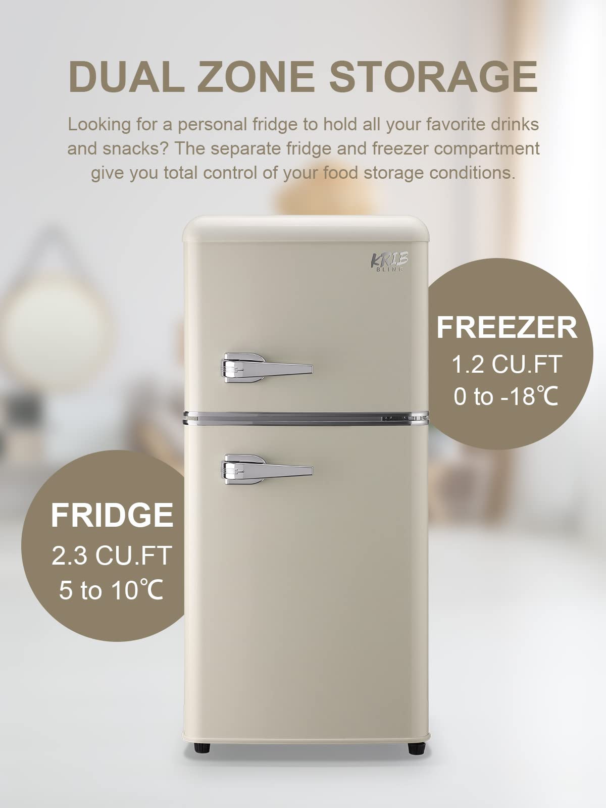 Retro Refrigerator with Freezer 3.5 Cu.Ft with 7 Level Adjustable Thermostat Control 2 Door Energy Saving Top-Freezer Compact Refrigerator Cream (KB03 FLS-80G-Cream-3)