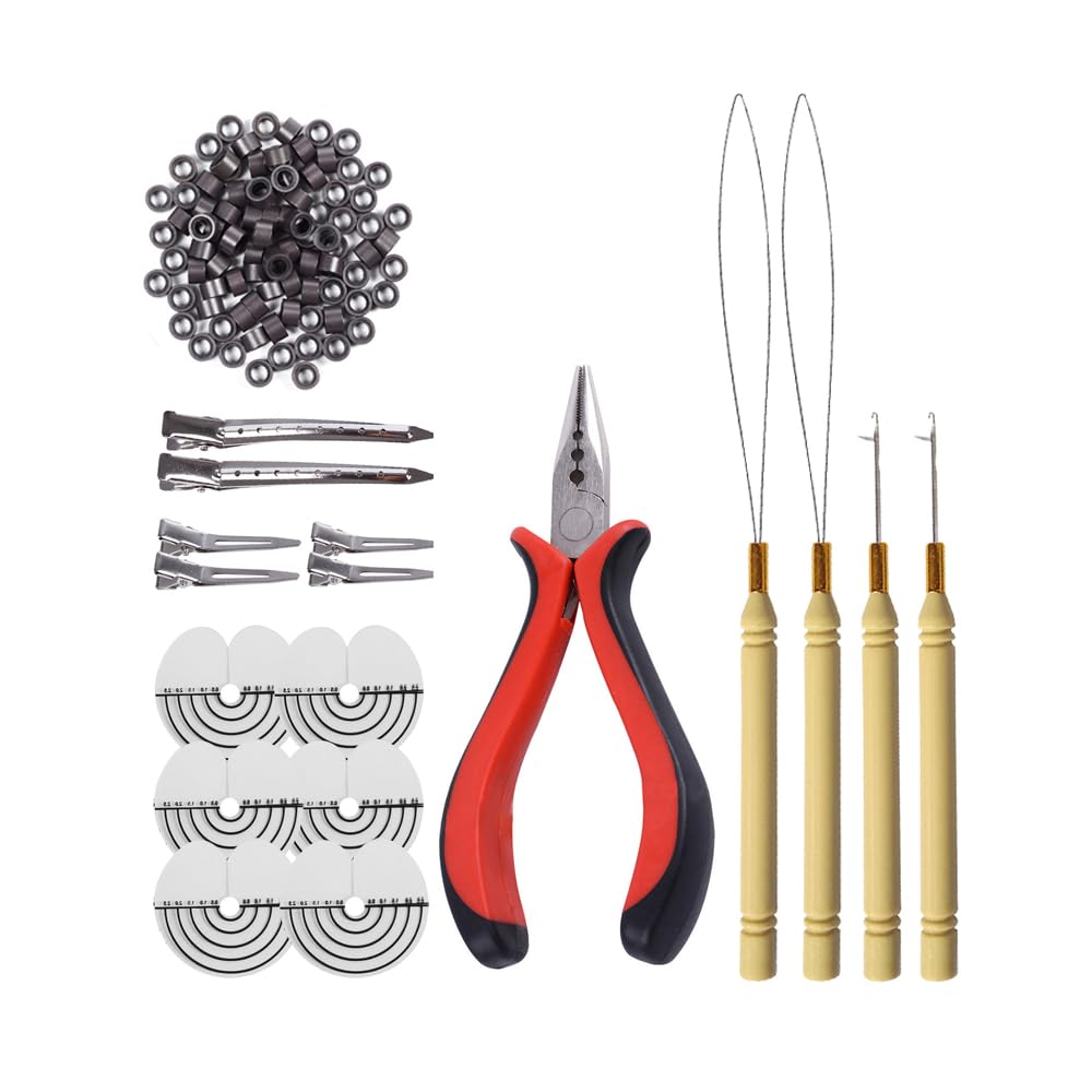 Photo 1 of 200 Pcs Silicone Micro Rings Hair Extensions Tools Kit: Three-hole Hair Pliers, Micro Pulling Hook Needle, Loop Threader and Silicone Micro Links Rings Beads (Dark brown)