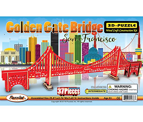 Puzzled Golden Gate Bridge 3d Woodcraft Construction Puzzle Kit - Famous Scenic San Francisco Architecture Model 37 Piece Pre Colored Wooden Puzzles Building Set - Famous Site Theme - Item C1401